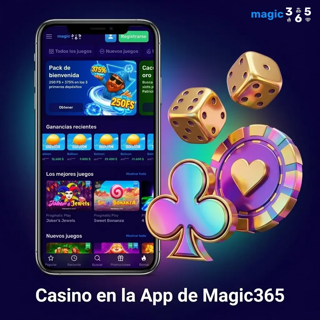 Sección casino en la app Magic365 con slots, ruleta, blackjack y casino en vivo con crupiers reales