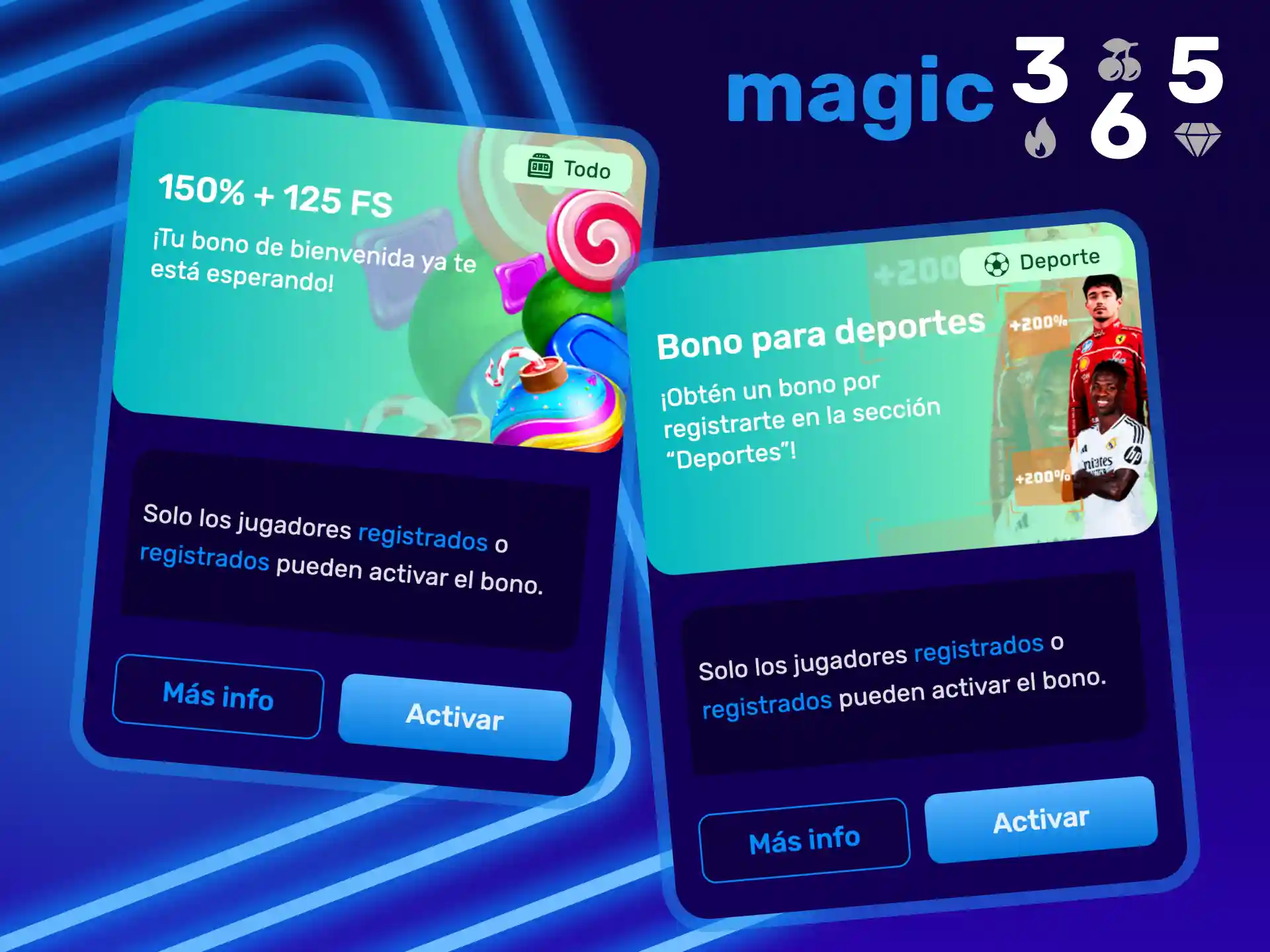 Regístrate en la aplicación Magic365 y activa uno de los bonos de bienvenida.