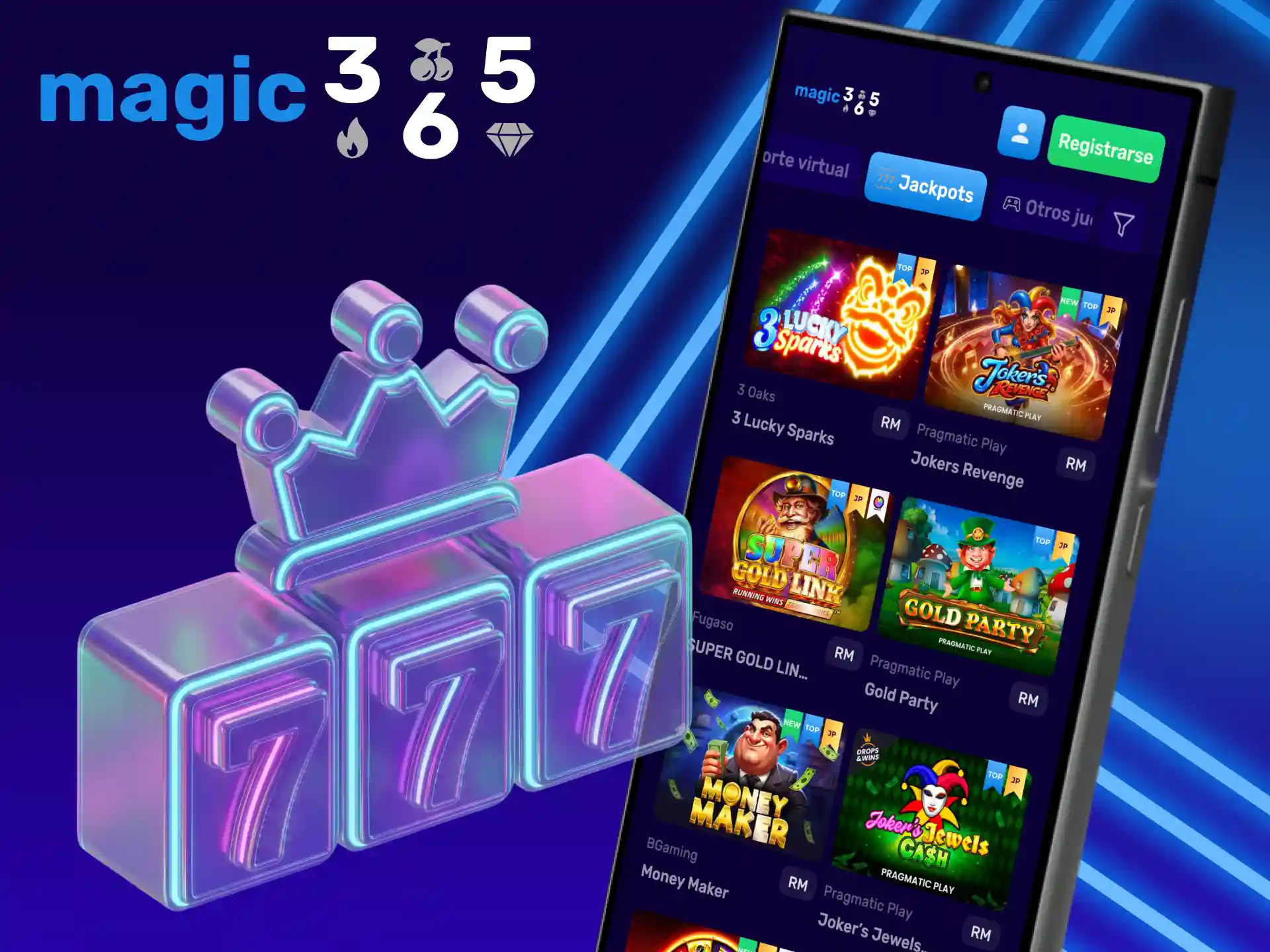 Juega a juegos de casino en la aplicación Magic365 al instante desde tu dispositivo.