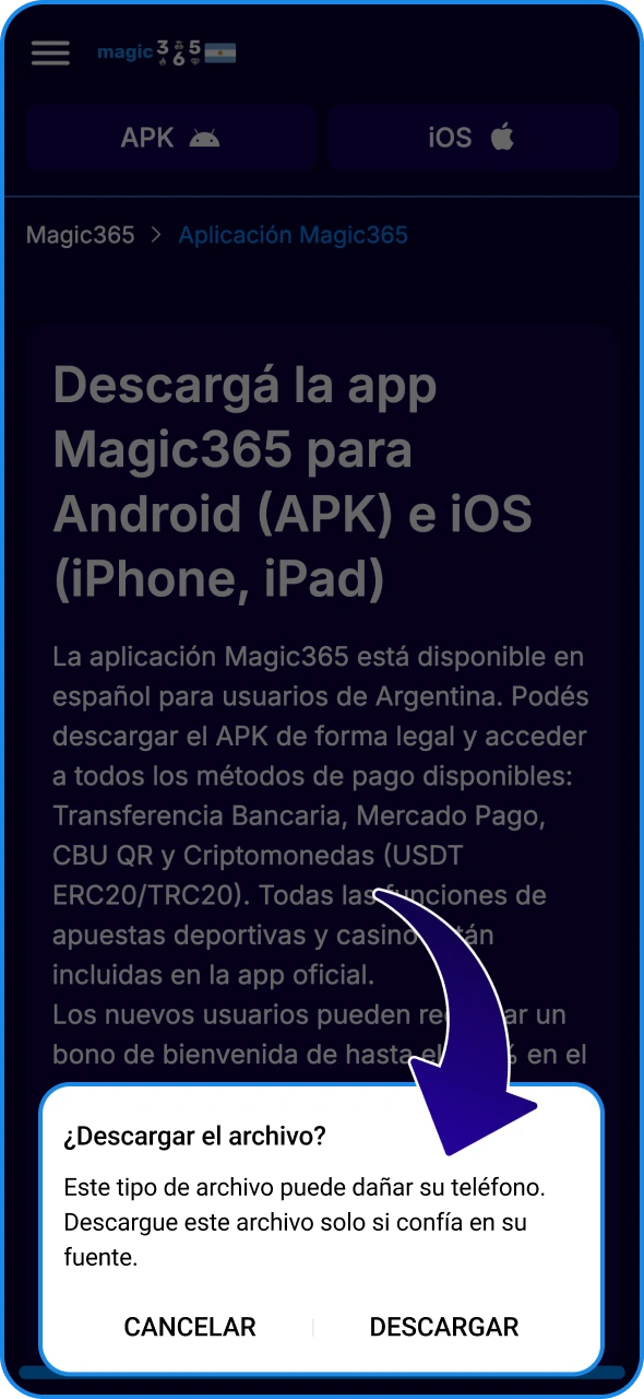 Confirma el proceso de descarga en la ventana emergente de Magic365.