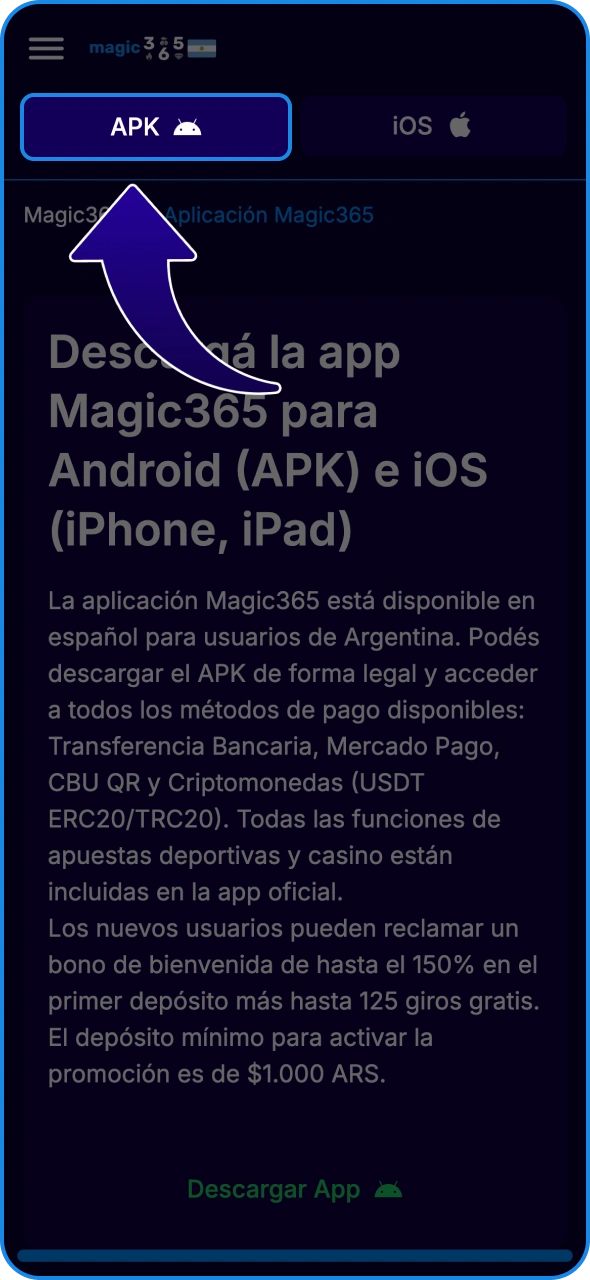 Haz clic en el botón de descarga del APK en la página oficial de Magic365.