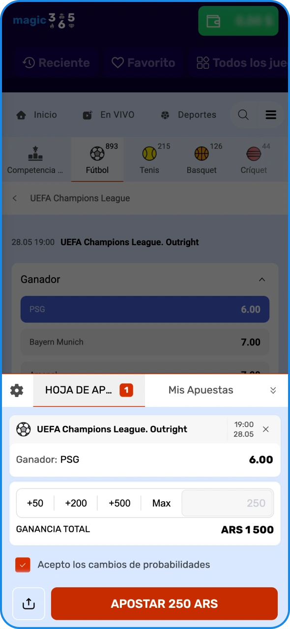 Introduce la cantidad y confirma tu apuesta en Magic365.