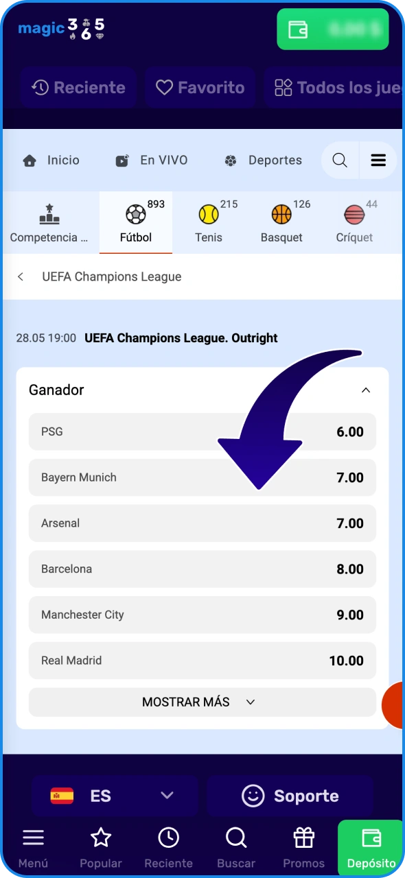 Selecciona un partido deportivo para realizar tu primera apuesta en Magic365.