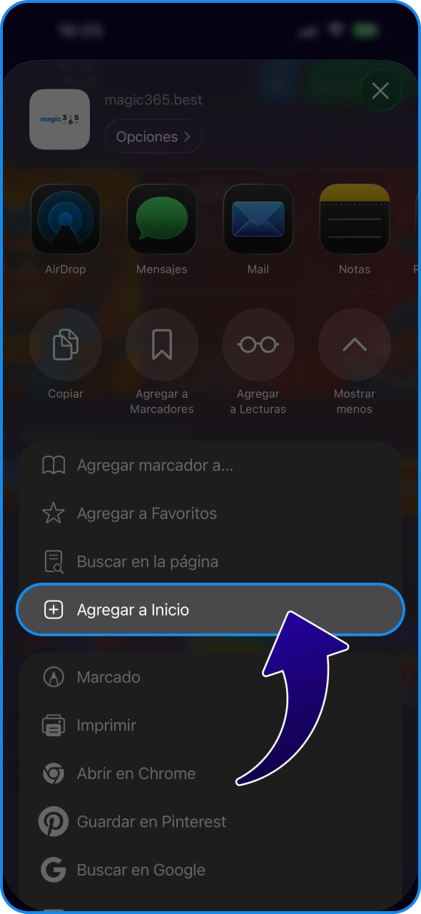 Pulsa el icono de compartir para añadir la aplicación Magic365 a tu pantalla de inicio.