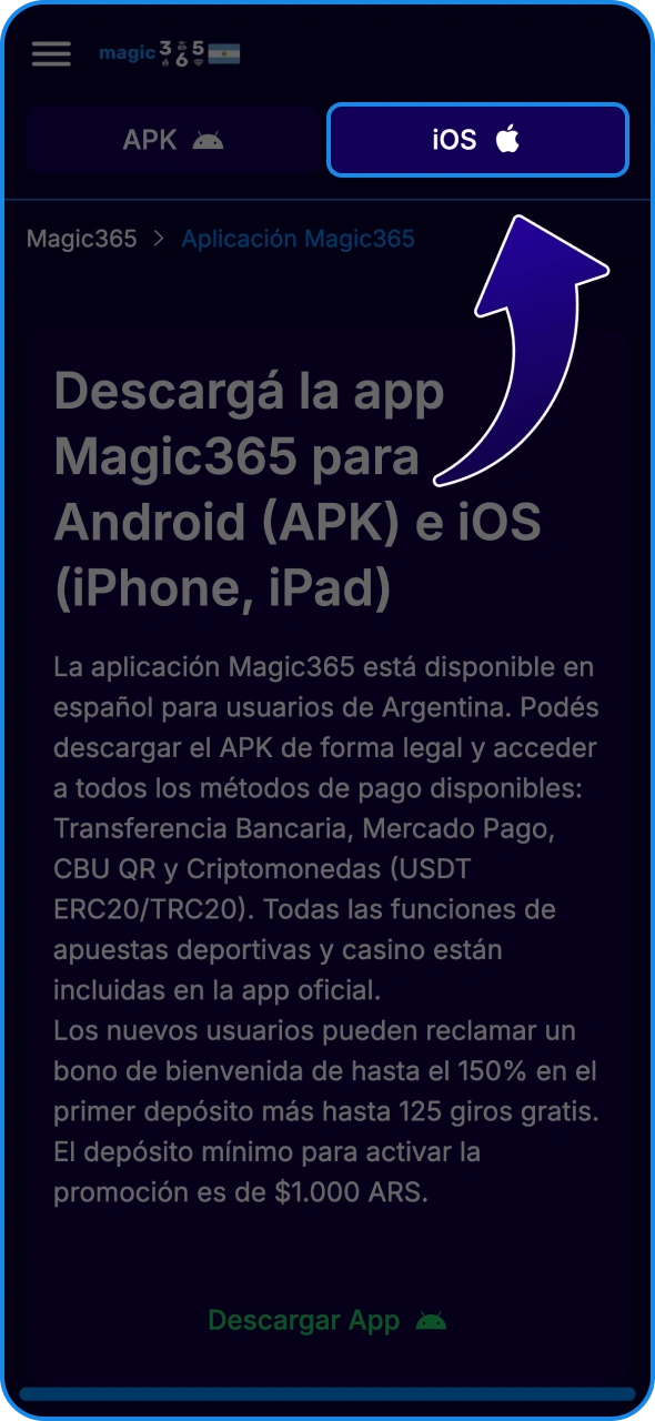 Haz clic en el botón para iniciar la instalación de la aplicación Magic365 para iOS.