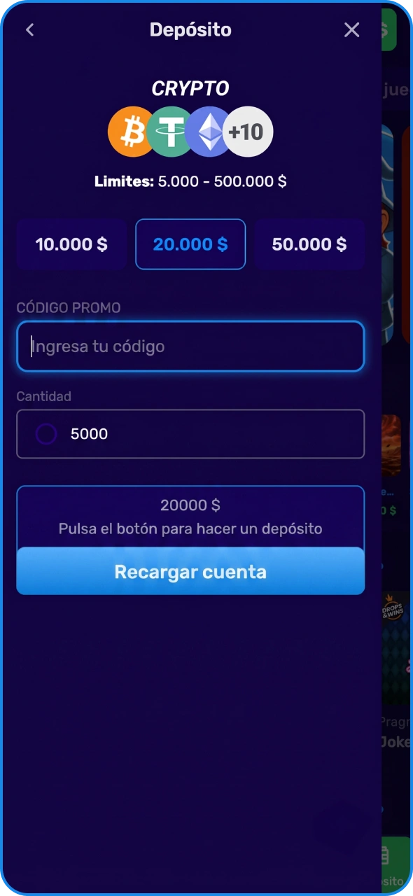 Introduce un código promocional durante el proceso de depósito en Magic365.