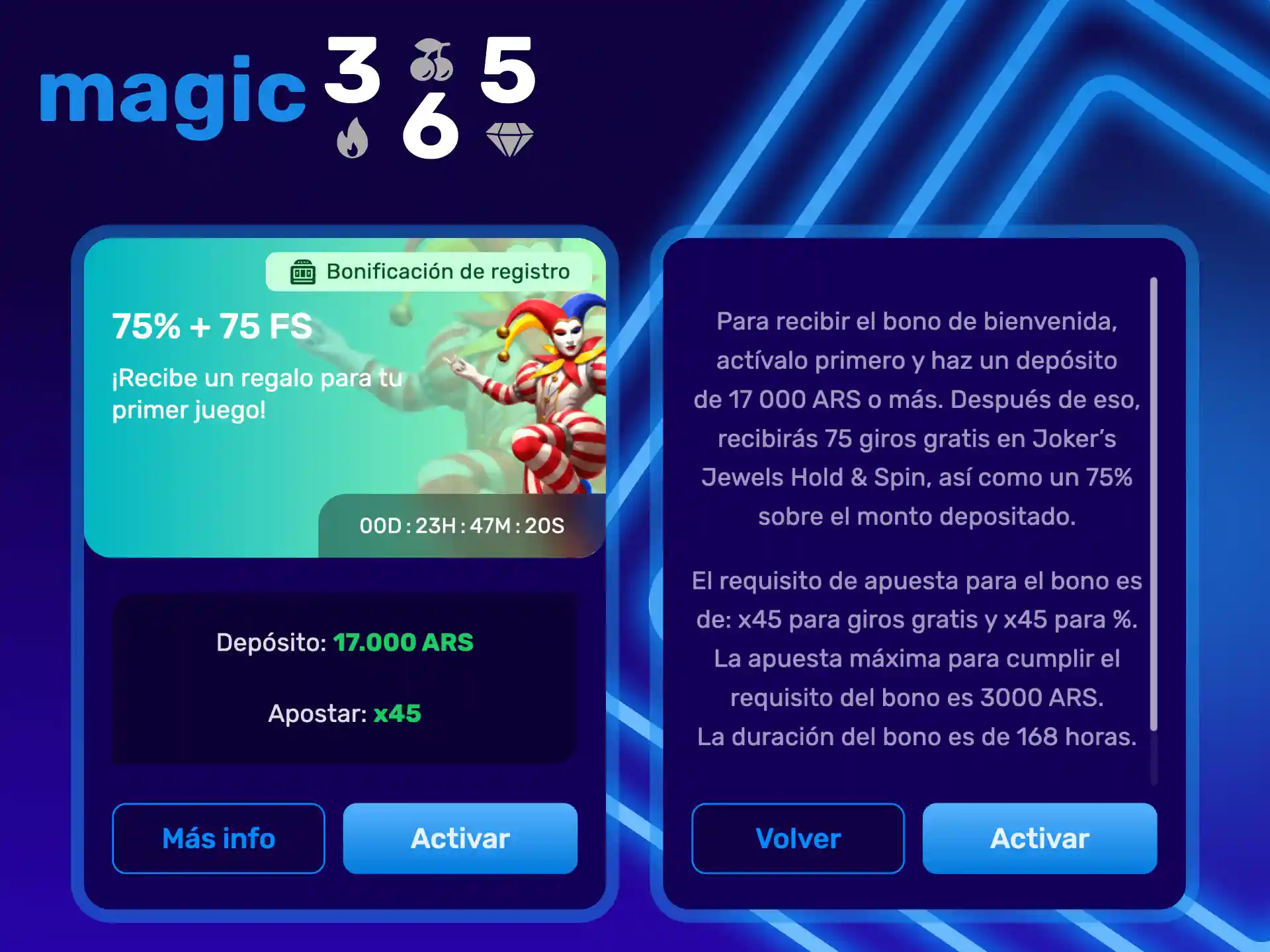 Activa el bono de Magic365 al jugar a las tragamonedas y otros juegos de casino.
