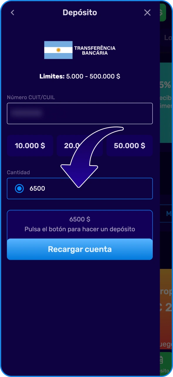 Introduce el importe del depósito en el formulario de depósito de Magic365.