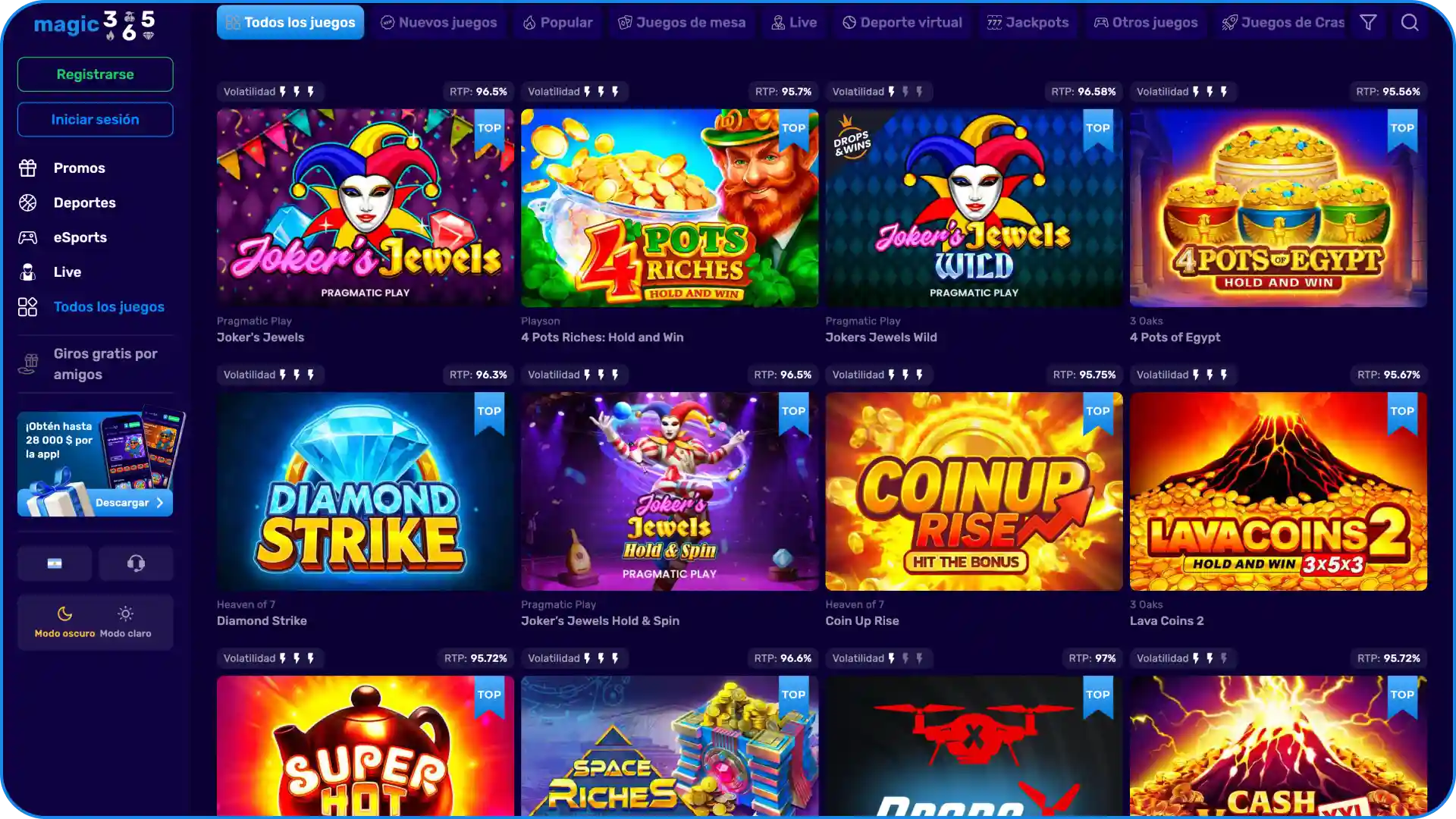 Juega al casino online en la sección de tragamonedas de Magic365.