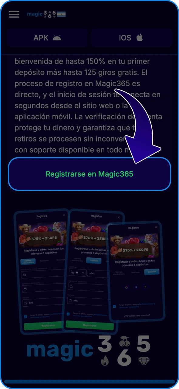 Pulsa el botón en la página de Magic365 para acceder al formulario de registro.