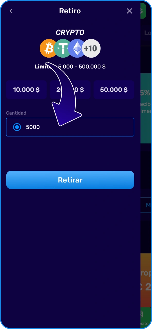 Introduce la cantidad que deseas retirar en el sitio web de Magic365.