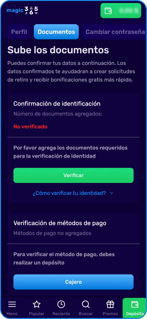 Acceda a la sección de verificación en la plataforma Magic365.